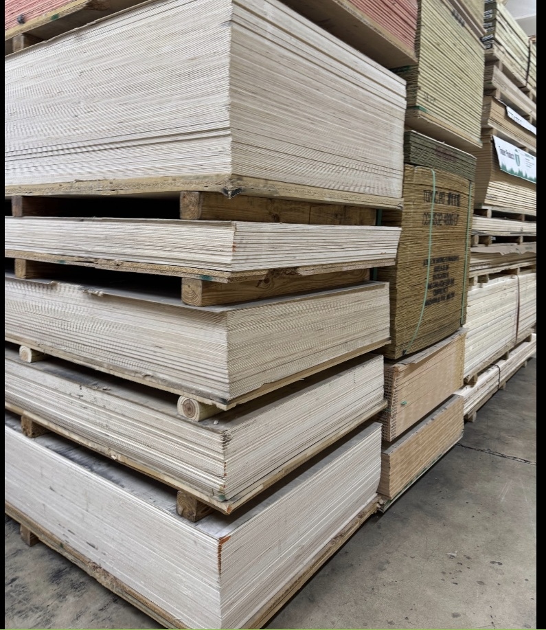 Baltic birch Russian birch plywood stacked on pallets at International Plywood Miami wholesale warehouse